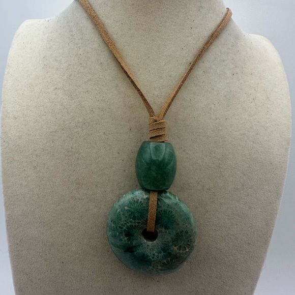 Green Coral Fossil Donut Pendant and Green Aventurine Bead on Brown Faux Suede - Picture 4 of 9